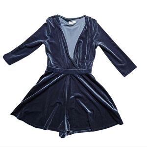 Silence + Noise Green Dusty Blue Velvet Velour Romper 3/4 Sleeve Deep Plunge XS